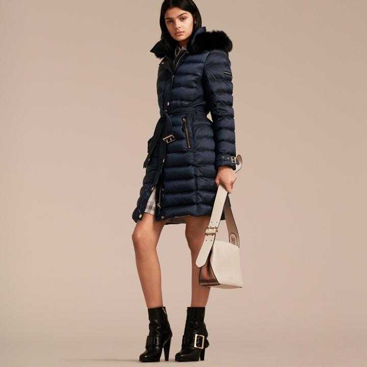 Burberry Burberry Down-filled Coat With Fox Fur Trim Hood, Size: Xl, Blue