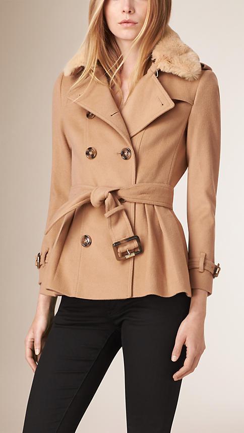 Burberry Detachable Fur Trim Skirted Wool Jacket