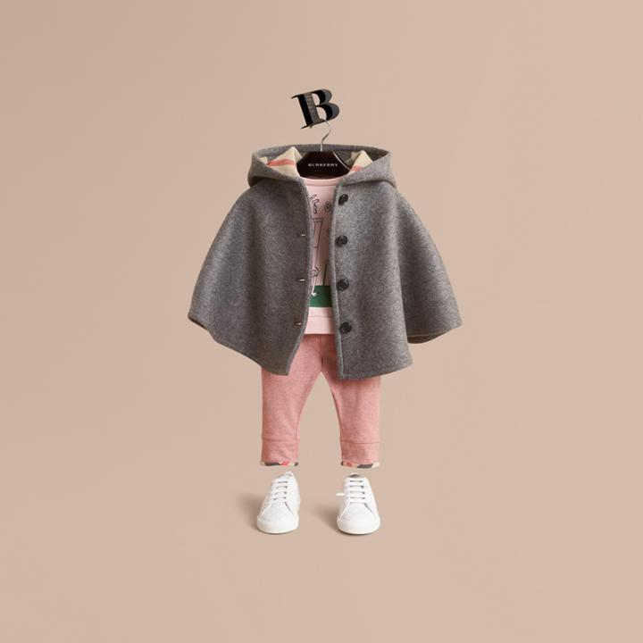 Burberry Burberry Hooded Check Detail Wool A-line Cape, Size: S, Grey