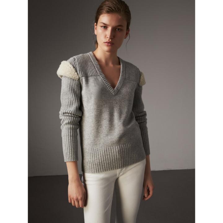 Burberry Burberry Shearling Trim Ribbed Wool Cashmere Sweater, Grey