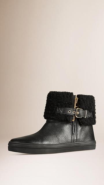 Burberry Shearling-lined Grainy Leather Ankle Boots