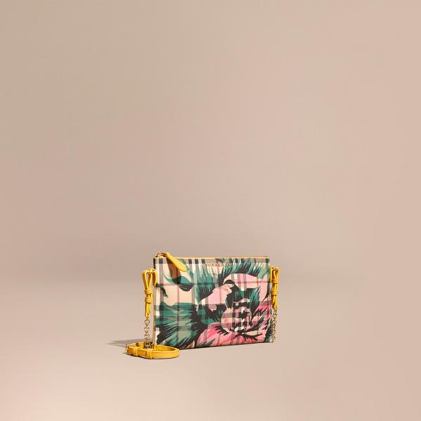 Burberry Peony Rose Print Haymarket Check And Leather Clutch Bag