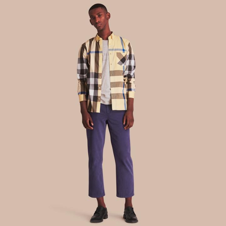 Burberry Burberry Button-down Collar Check Stretch Cotton Blend Shirt, Size: Xs, Yellow