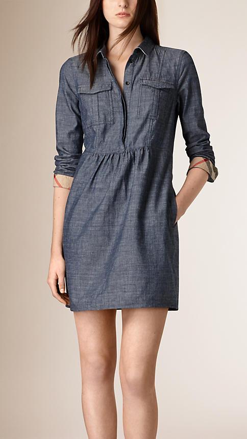 Burberry Brit Gathered Detail Chambray Tunic Dress
