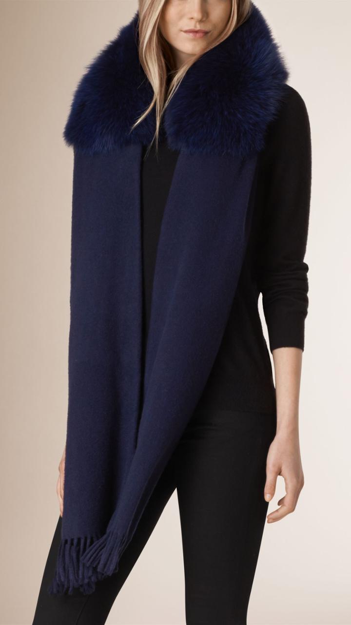 Burberry Burberry Fur-trimmed Cashmere Scarf, Blue