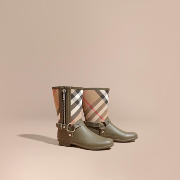 Burberry Burberry Buckle And Strap Detail Check Rain Boots, Size: 38, Green
