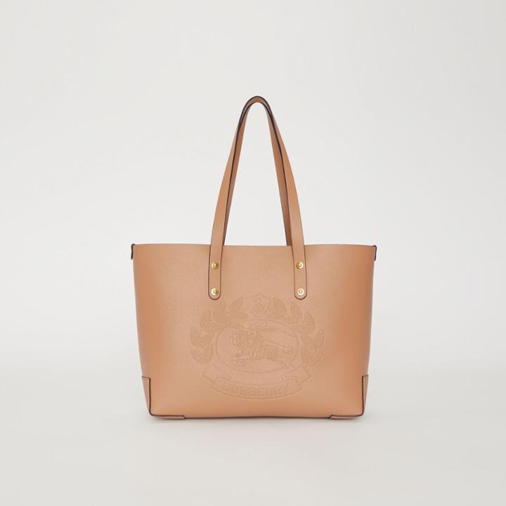 Burberry Burberry Small Embossed Crest Leather Tote, Beige