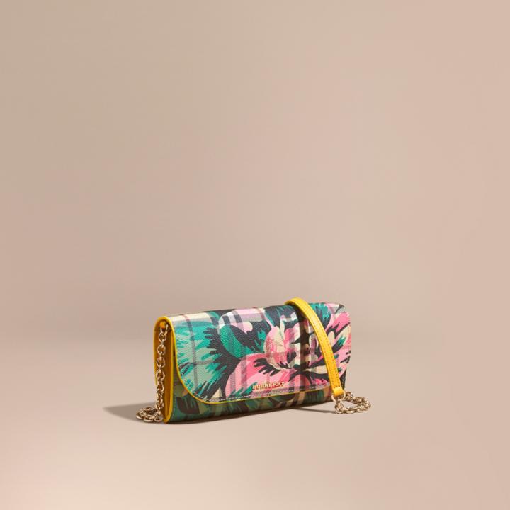 Burberry Burberry Peony Rose Print Haymarket Check Wallet With Chain, Yellow