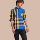 Burberry Burberry Button-down Collar Check Stretch Cotton Blend Shirt, Blue