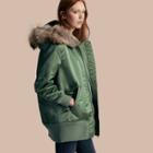 Burberry Long-line Satin Bomber Jacket With Fur-trimmed Hood