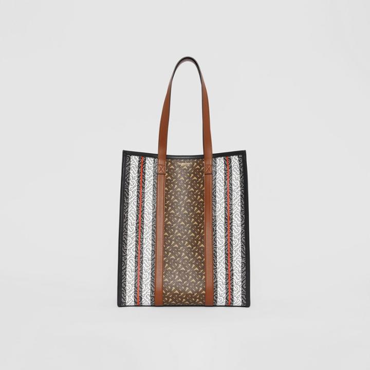 Burberry Burberry Monogram Stripe E-canvas Portrait Tote Bag, Bridle Brown