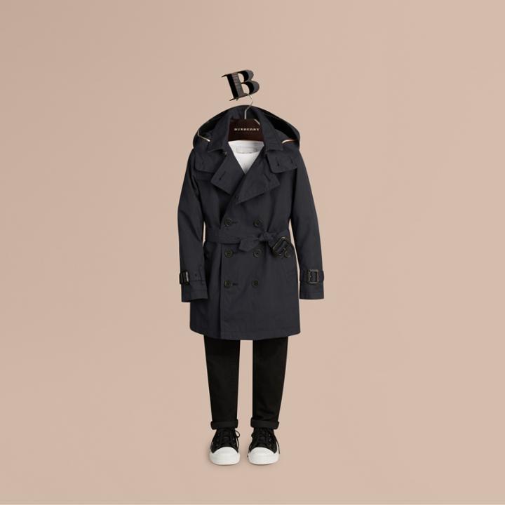 Burberry Burberry Hooded Cotton Twill Trench Coat, Size: 8y, Blue