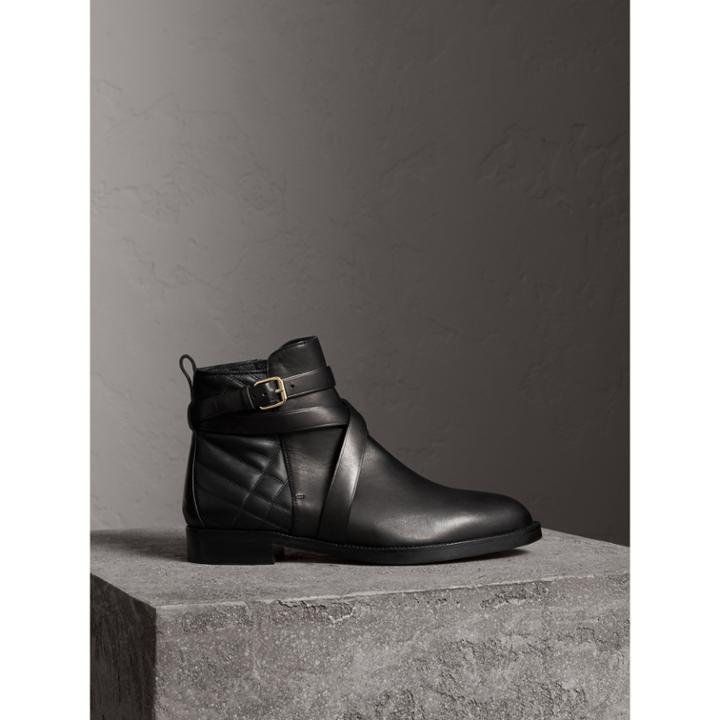 Burberry Burberry Strap Detail Quilted Leather Ankle Boots, Size: 39.5, Black