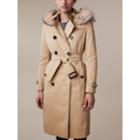 Burberry Burberry Fur-trimmed Hood Trench Coat With Warmer, Size: 08, Yellow
