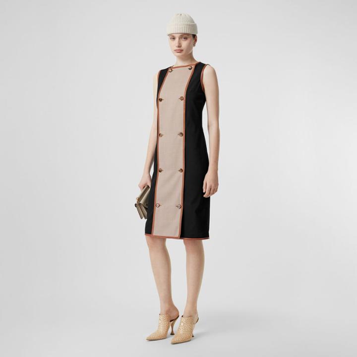 Burberry Burberry Button Panel Detail Stretch Wool Shift Dress, Size: 06, Black