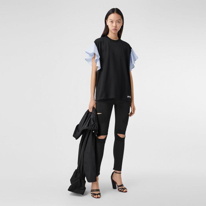 Burberry Burberry Ruffled Sleeve Cotton Oversized T-shirt, Black