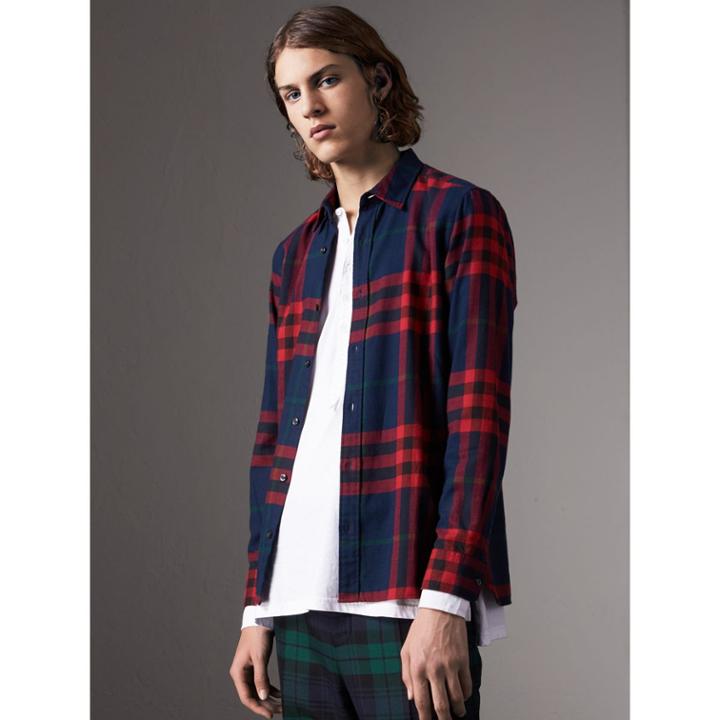 Burberry Burberry Check Cotton Flannel Shirt, Size: Xxl, Blue