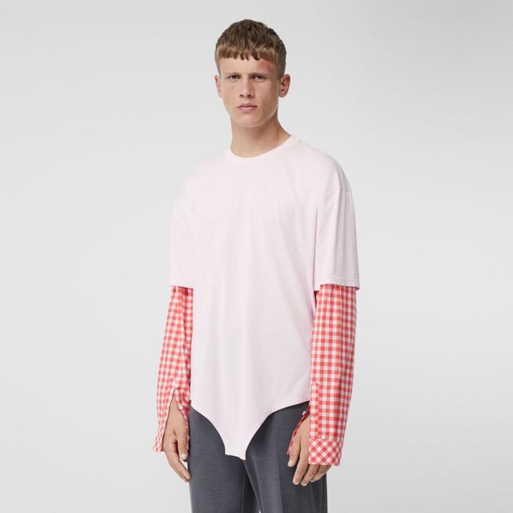Burberry Burberry Gingham Sleeve Cut-out Hem Cotton Oversized T-shirt, Pink