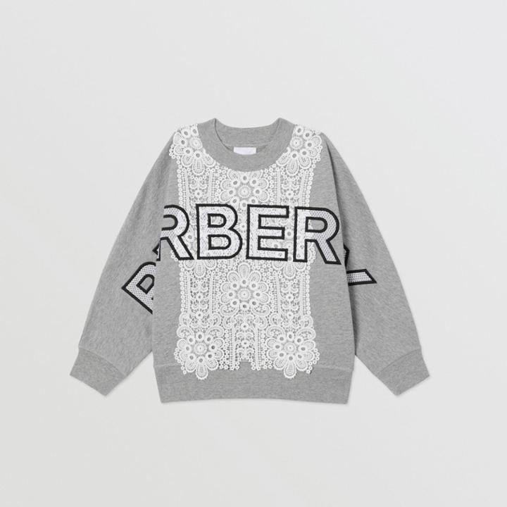 Burberry Burberry Childrens Logo Embroidered Lace Panel Cotton Sweatshirt, Size: 14y, Grey
