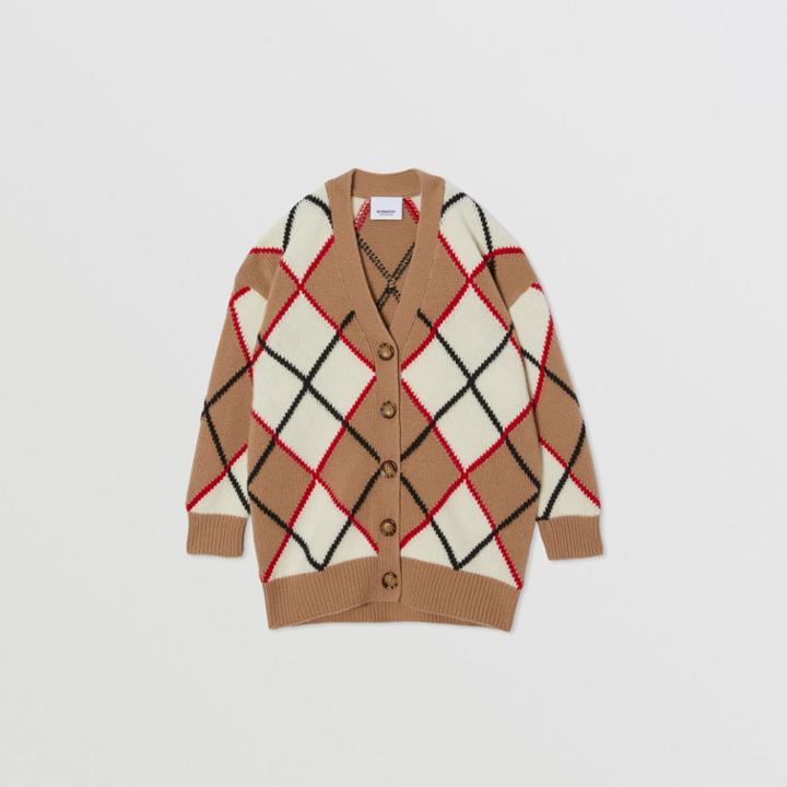 Burberry Burberry Childrens Argyle Intarsia Wool Cashmere Cardigan, Size: 12y, Beige