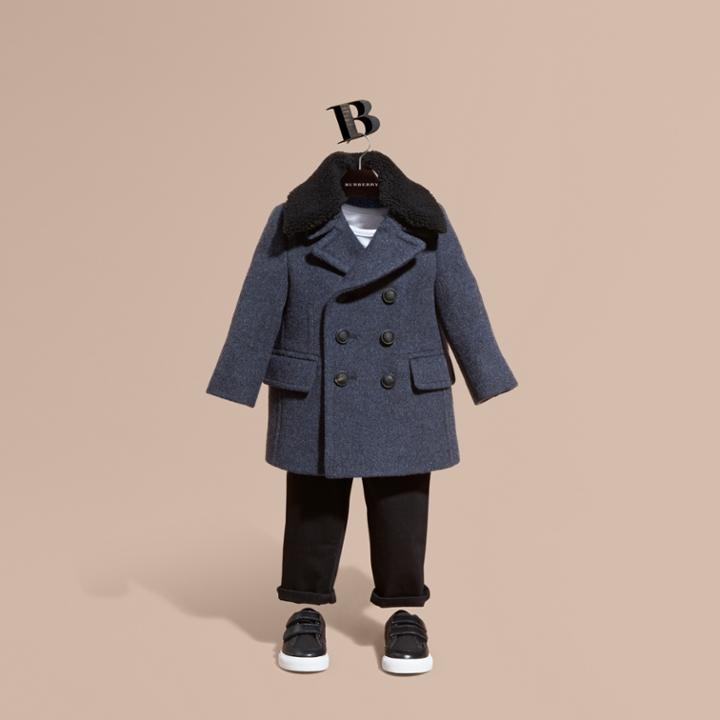 Burberry Burberry Technical Wool Coat With Detachable Textured Collar, Size: 2y, Blue