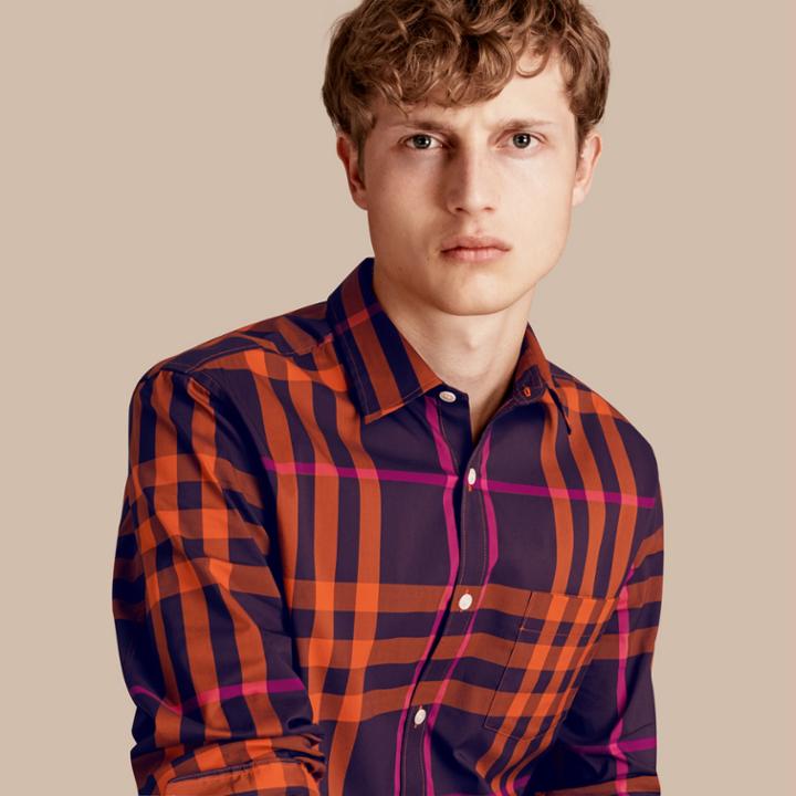 Burberry Burberry Check Stretch Cotton Shirt, Size: M, Orange