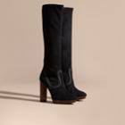 Burberry Burberry Topstitch Detail Knee-high Suede Platform Boots, Size: 37.5, Black