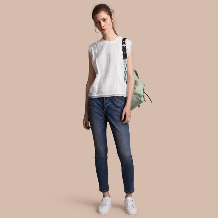 Burberry Burberry Sleeveless Lace And Pintuck Detail Cotton Top, Size: 06, White