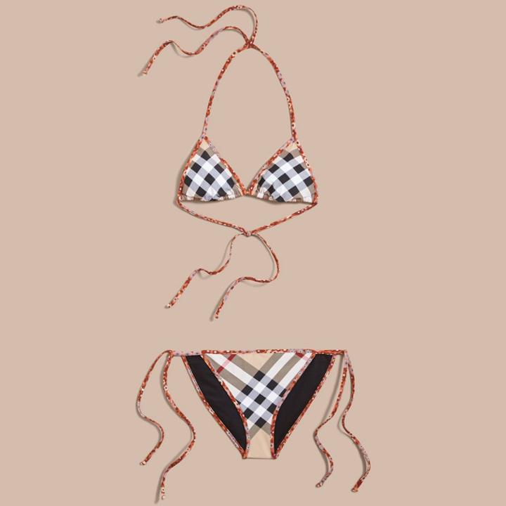 Burberry Burberry Floral Trim Check Triangle Bikini, Size: S, Beige