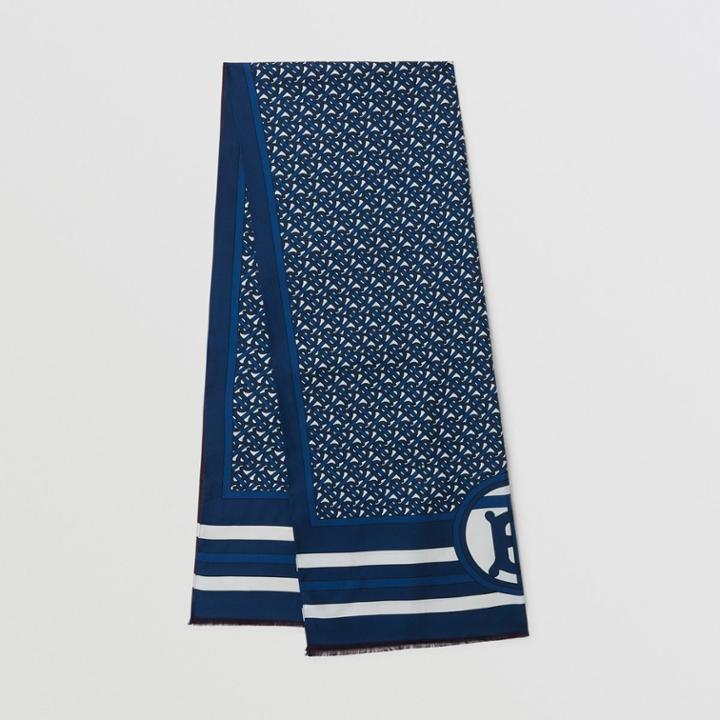 Burberry Burberry Reversible Monogram Print Silk Scarf, Cerulean Blue