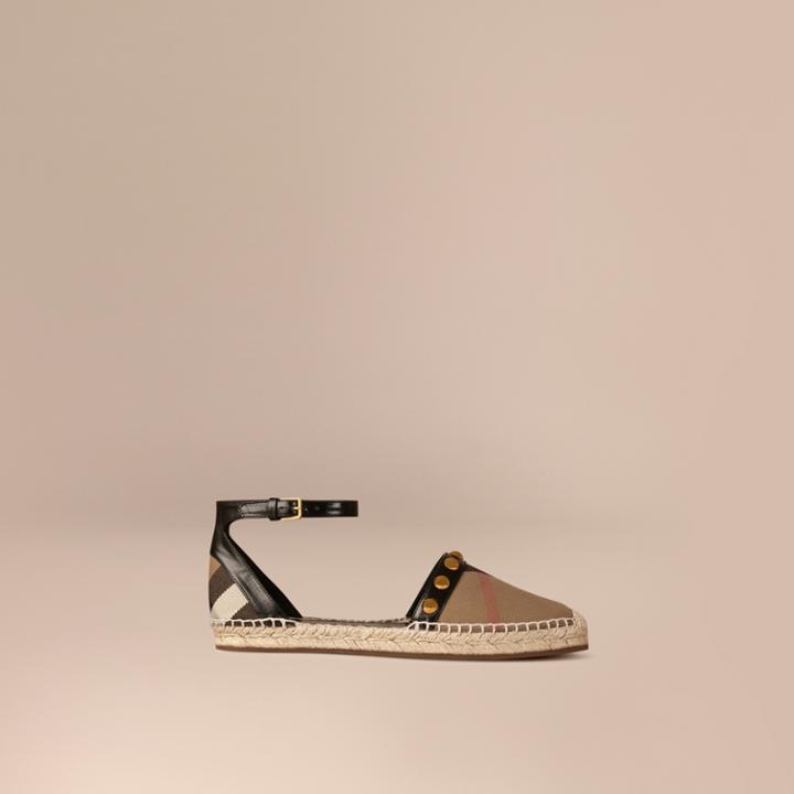 Burberry Burberry Studded Leather And House Check Espadrille Sandals, Size: 35, Black