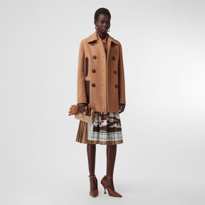 Burberry Burberry Lambskin Pocket Wool Blend Pea Coat, Size: 04, Brown