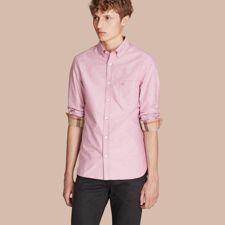 Burberry Burberry Check Detail Cotton Oxford Shirt, Pink