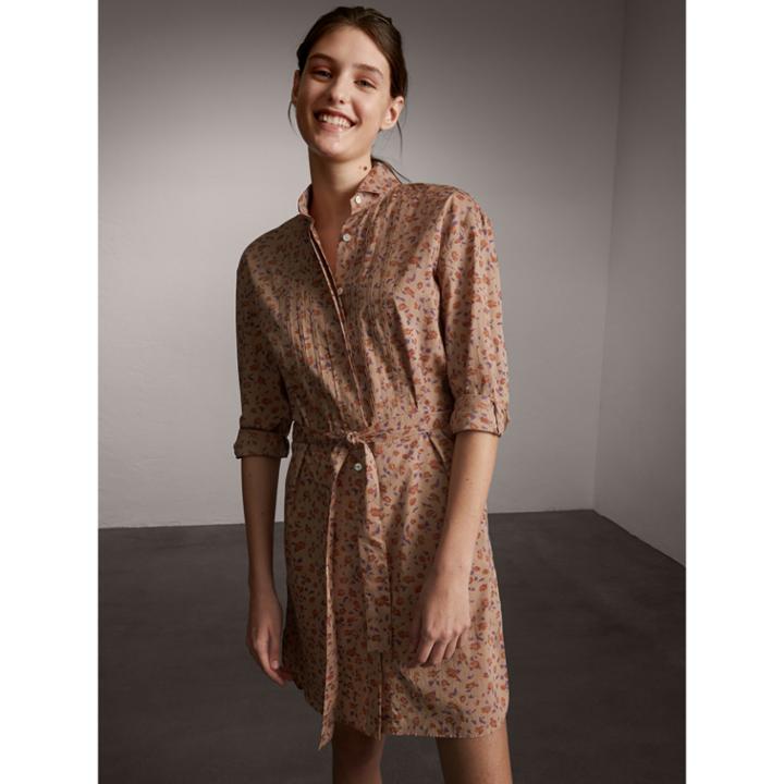 Burberry Burberry Tie-waist Floral Print Cotton Shirt Dress, Size: 02, Orange