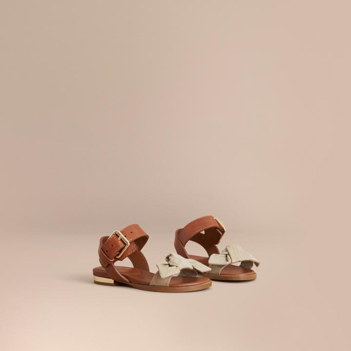 Burberry Burberry Cotton Gabardine Bow Detail And Leather Sandals, Size: 7, Yellow