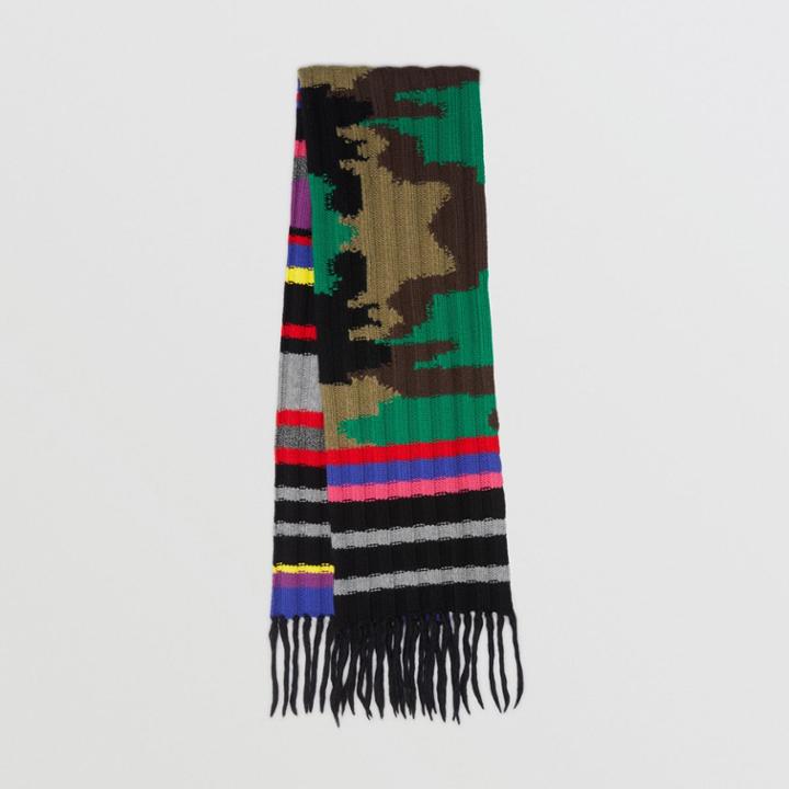 Burberry Burberry Striped Camouflage Chunky Knit Cashmere Wool Scarf, Yellow