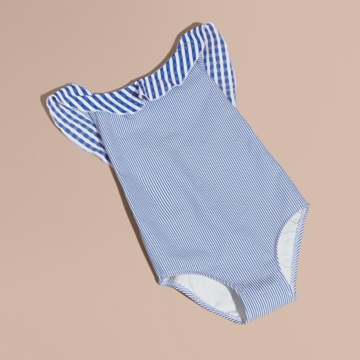 Burberry Burberry One-piece Striped Swimsuit With Check Ruffle, Size: 8y, Blue