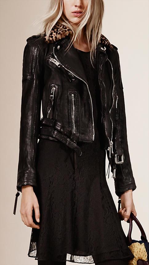 Burberry Prorsum Lambskin Biker Jacket With Detachable Shearling Collar