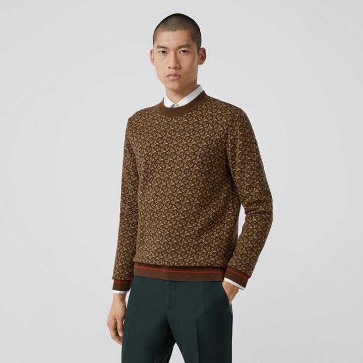 Burberry Burberry Monogram Wool Jacquard Sweater, Brown