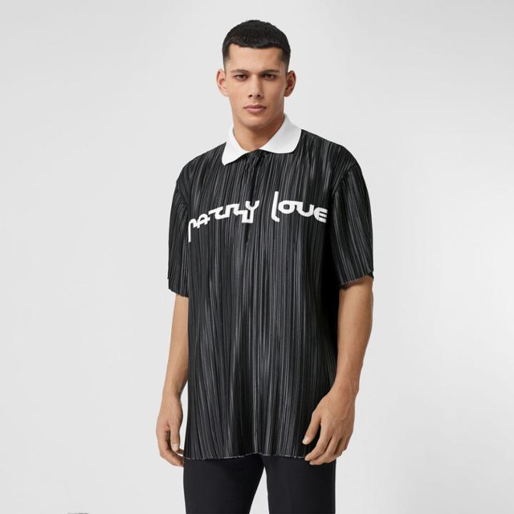 Burberry Burberry Slogan Print Satin Plisse Polo Shirt, Black