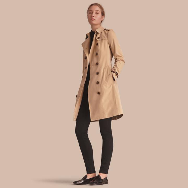 Burberry Burberry Leather Trim Cotton Gabardine Trench Coat, Size: 14, Yellow