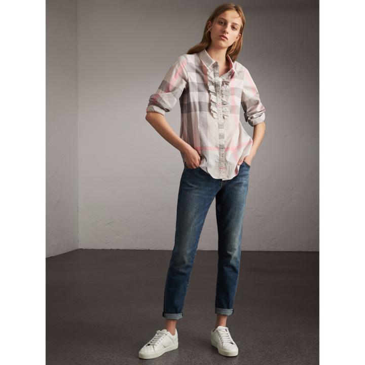 Burberry Burberry Ruffle Detail And Lace Trim Check Cotton Shirt, Size: 08, Beige