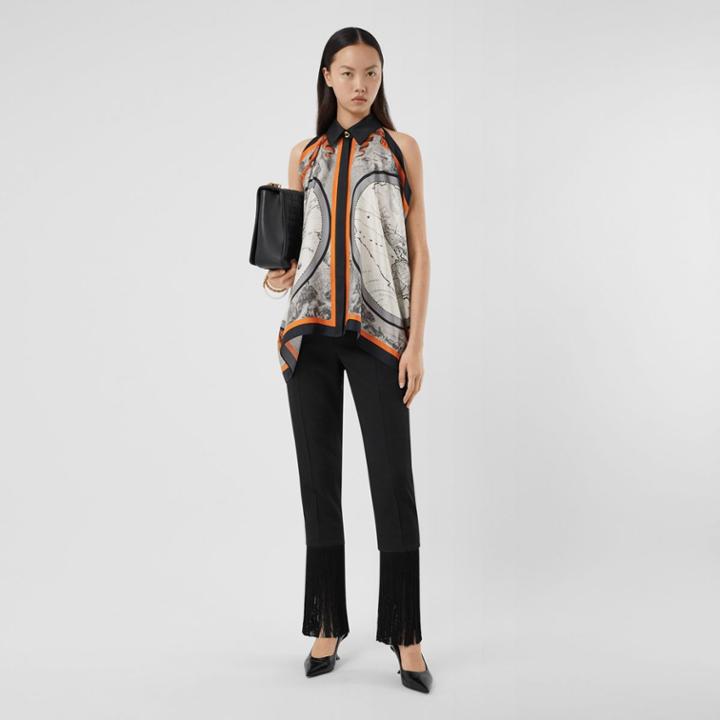Burberry Burberry Sleeveless Map Print Silk Shirt, Size: 04, Grey