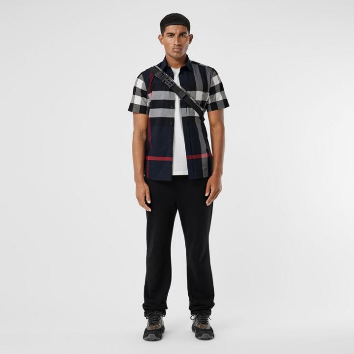 Burberry Burberry Short-sleeve Check Stretch Cotton Poplin Shirt, Blue