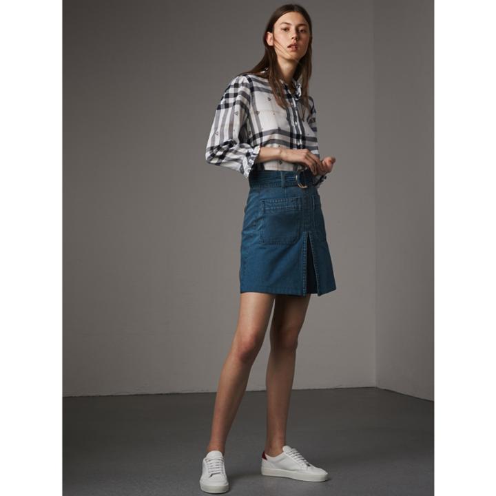 Burberry Burberry Ruffle Detail Floral Print Check Cotton Shirt, Size: 00, White