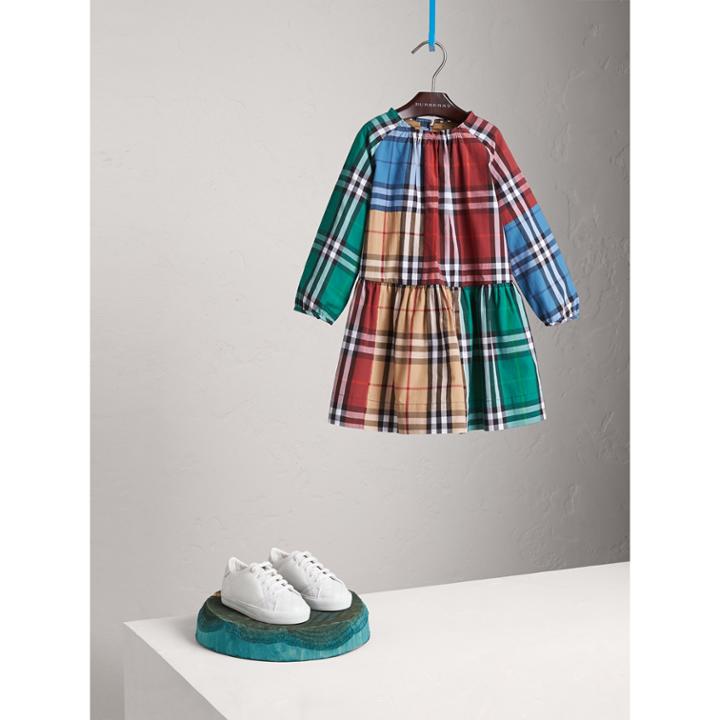 Burberry Burberry Colour Block Check Cotton Gathered Dress, Size: 6y, Brown