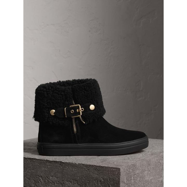 Burberry Burberry Shearling-lined Suede Ankle Boots, Size: 35, Black