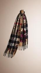 Burberry Floral Print Check Cashmere Scarf