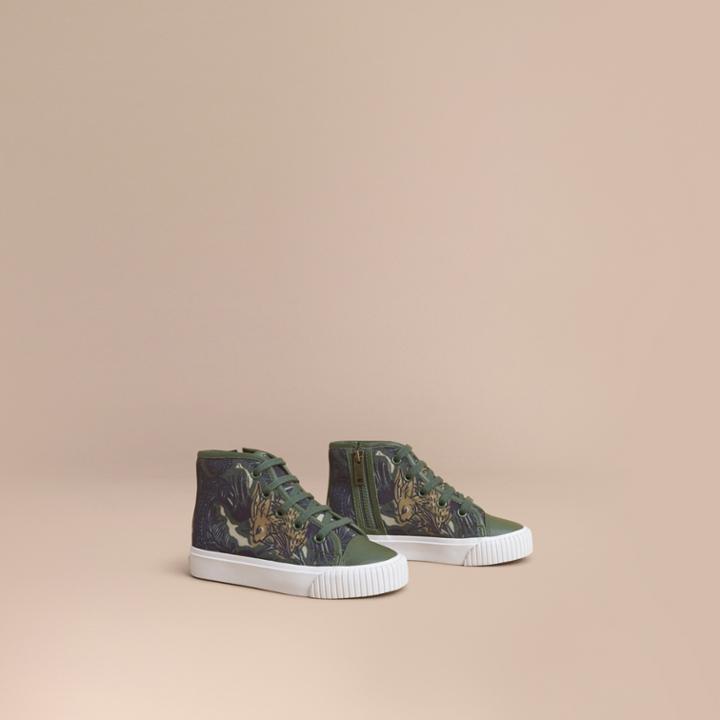 Burberry Burberry Beasts Print Cotton And Leather High-top Trainers, Size: 28, Green