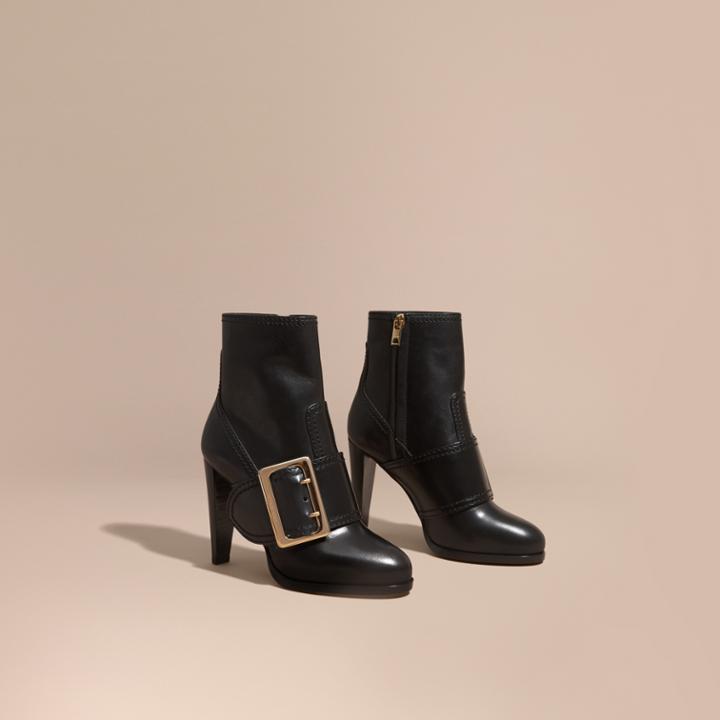 Burberry Burberry Buckle Detail Leather Platform Boots, Size: 36, Black